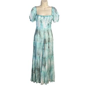 Lani Lau Tie Dye Maxi Dress Womens S/M Smocked Tiered Boho Coastal Cottage Beach